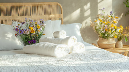 A boho-inspired bedroom with colorful wildflowers and towels artistically arranged on a rattan bed frame.の素材