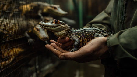 A crocodile farm worker holding a baby crocodile gently, with other baby reptiles visible in the enclosure.の素材
