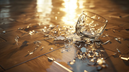 A broken glass tumbler on a parquet floor, with water droplets reflecting light around the shards.の素材