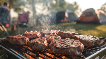 A campsite scene with beef steaks grilling on a portable BBQ, smoke rising into the evening air.の素材