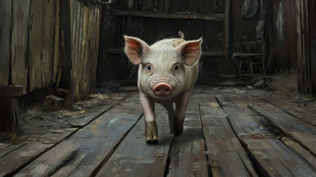 A curious piglet walking through a pen, its tiny hooves on a wooden plank floor.の素材