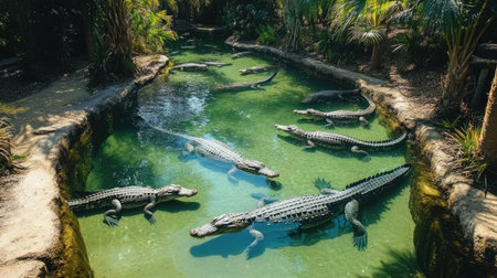 A crocodile farm's water enclosure with multiple crocodiles swimming and sunbathing along the banks.の素材