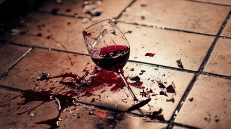 A broken wine glass on a tiled floor, with red wine splattered around the shards.の素材