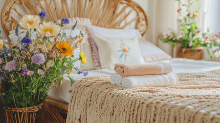 A boho-inspired bedroom with colorful wildflowers and towels artistically arranged on a rattan bed frame.の素材