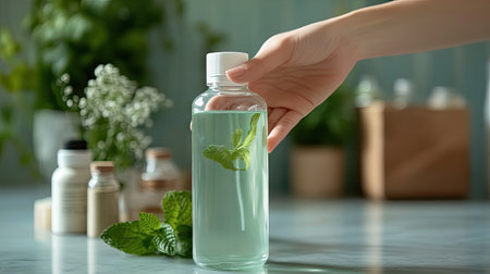 A bottle of herbal mouthwash being held by a hand, with natural ingredients like mint and chamomile in the background.の素材