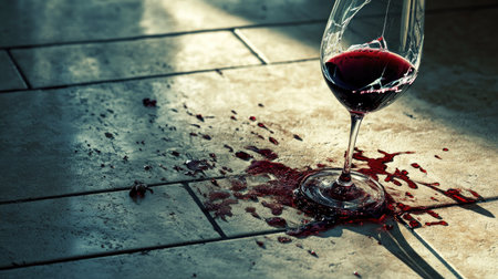 A broken wine glass on a tiled floor, with red wine splattered around the shards.の素材