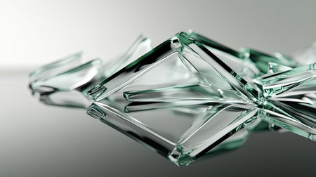 A creative macro shot of jagged glass edges lying on a smooth, reflective surface.の素材