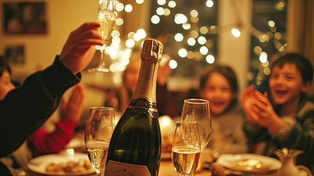 A candid shot of a family celebration as a champagne bottle is popped, kids clapping in the background.の素材