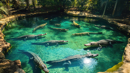 A crocodile farm's water enclosure with multiple crocodiles swimming and sunbathing along the banks.の素材