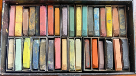 A box of neatly arranged chalk pastels with a few sticks showing signs of use.の素材