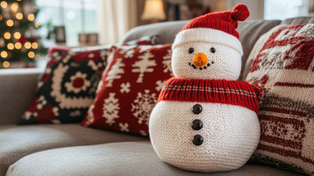 A knitted snowman Christmas decoration on a cozy sofa, with holiday-themed pillows in the background.の素材