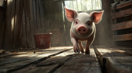 A curious piglet walking through a pen, its tiny hooves on a wooden plank floor.の素材
