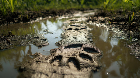 A crocodile's footprints in the mud leading to a pond on a well-maintained crocodile farm.の素材