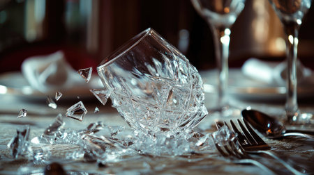 A crystal glass shattered into intricate pieces on a dinner table, with scattered cutlery nearby.の素材