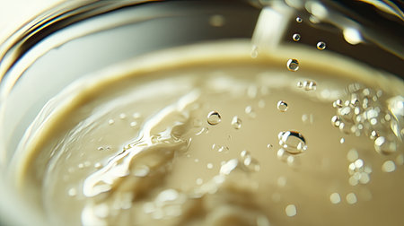 A detailed macro shot of a creamy spot on a lab slide, with chemical equipment blurred in the background.の素材