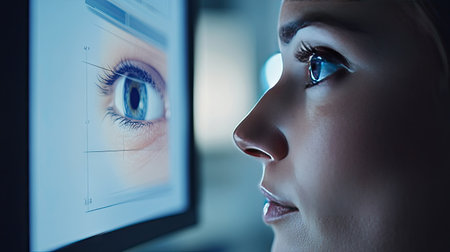 A digital screen showing results of a field vision test, with the patient's profile visible in the foreground.の素材