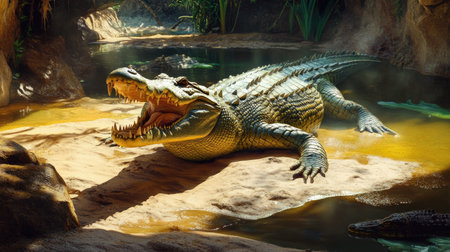 A crocodile yawning on a sandy patch, surrounded by water and other reptiles in a large farm space.の素材