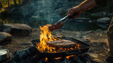 A camper's hand flipping a beef steak on a grill using tongs, with smoke and fire creating a dramatic effect.の素材