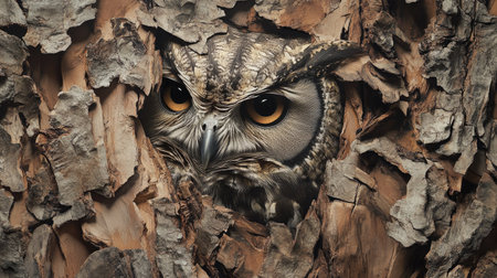 A large owl camouflaged among tree bark, blending seamlessly with its surroundings.の素材