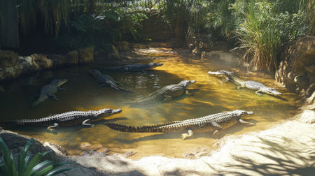 A crocodile farm's water enclosure with multiple crocodiles swimming and sunbathing along the banks.の素材
