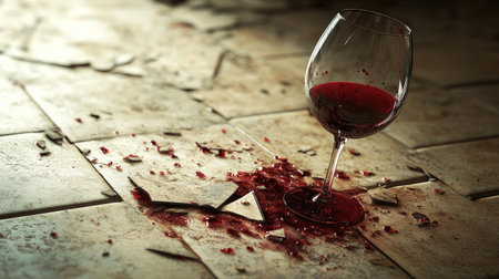 A broken wine glass on a tiled floor, with red wine splattered around the shards.の素材