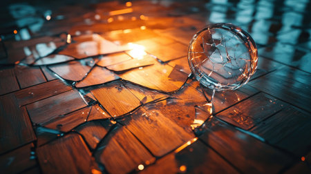 A broken glass tumbler on a parquet floor, with water droplets reflecting light around the shards.の素材