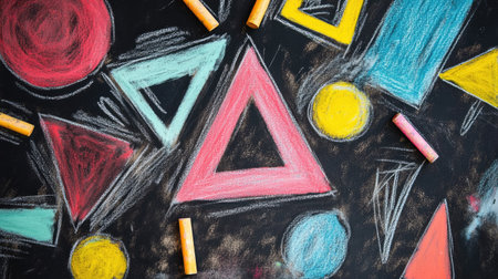 A creative pastel drawing of abstract shapes, surrounded by used chalk sticks.の素材