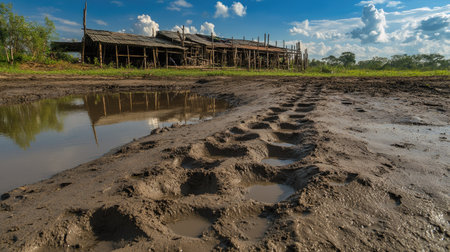 A crocodile's footprints in the mud leading to a pond on a well-maintained crocodile farm.の素材