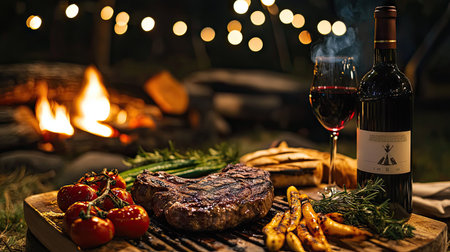 A camping dinner scene with grilled beef steak, fresh vegetables, and a bottle of red wine under a canopy of stars.の素材