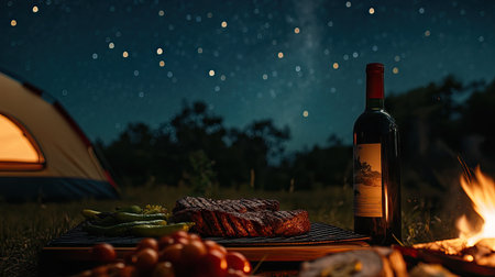 A camping dinner scene with grilled beef steak, fresh vegetables, and a bottle of red wine under a canopy of stars.の素材