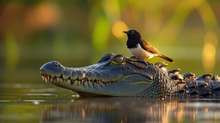 A bird perched on the back of a crocodile in a farm pond, showcasing a unique symbiotic moment.の素材