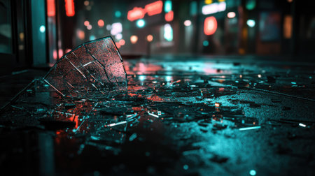 A dark, moody shot of shattered glass on a floor, with faint reflections of neon lights.の素材