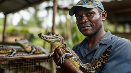 A crocodile farm worker holding a baby crocodile gently, with other baby reptiles visible in the enclosure.の素材