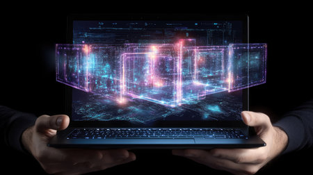 A laptop held by a hacker, showing a live breach attempt, with virtual firewalls represented visually.の素材