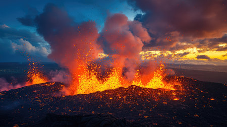 A dramatic scene of glowing lava bombs flying through the air during a violent eruption.の素材
