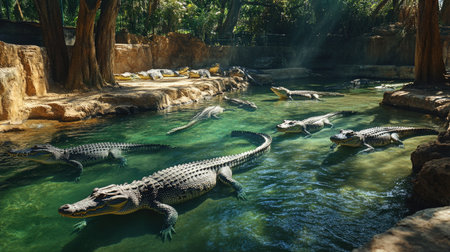 A crocodile farm's water enclosure with multiple crocodiles swimming and sunbathing along the banks.の素材