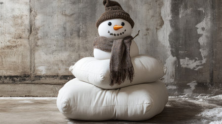 A creative snowman Christmas decoration crafted from stacked white cushions, with a scarf and hat adding charm.の素材