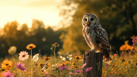 A large owl sitting on a rustic wooden perch in a field of wildflowers during late afternoon.の素材