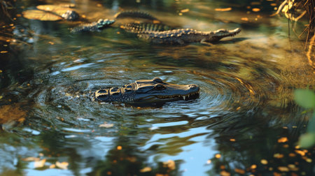 A crocodile sliding into the water, creating ripples, with other reptiles resting nearby in a farm pond.の素材