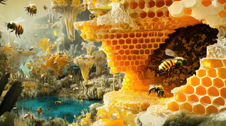 A cross-section of a honeycomb, revealing bees at work and nectar stored in cells.の素材