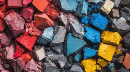 A detailed view of chalk pastels crushed into powder, showing vibrant pigments.の素材