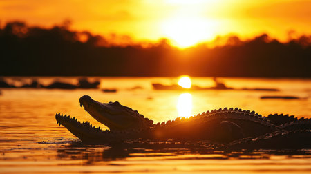 A crocodile farm at sunset, with silhouettes of the reptiles visible against the golden glow of the horizon.の素材