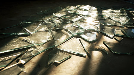 A dramatic perspective of broken glass on a dimly lit floor, with shadows highlighting the sharp edges.の素材