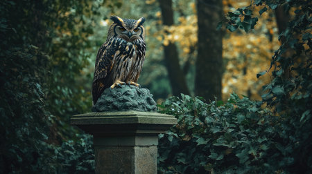 A large owl resting on a stone statue in an overgrown garden, evoking a mystical and eerie atmosphere.の素材