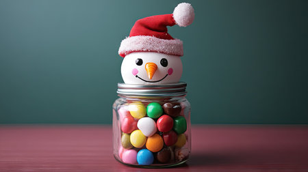 A DIY snowman decoration made from stacked jars filled with candies, with a painted face and tiny hat.の素材