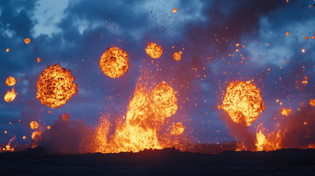 A dramatic scene of glowing lava bombs flying through the air during a violent eruption.の素材