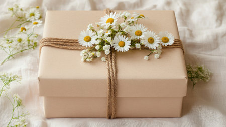 A large beige gift box with delicate white daisies and brown jute rope for a natural aesthetic.の素材