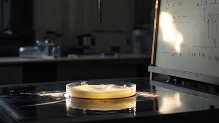 A lab experiment setup showing a creamy spot on glass, with precise measurements written on a whiteboard nearby.の素材