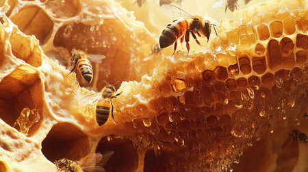 A cross-section of a honeycomb, revealing bees at work and nectar stored in cells.の素材
