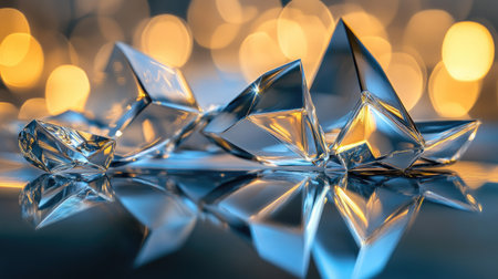 A creative macro shot of jagged glass edges lying on a smooth, reflective surface.の素材